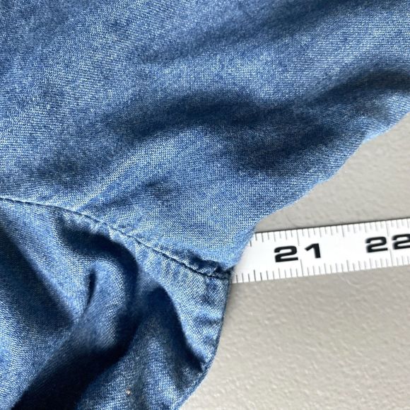 Retro 70s Chambray Top M Denim Blue On or Off Shoulder Wide Ruched Waist Ruffle - Picture 10 of 12